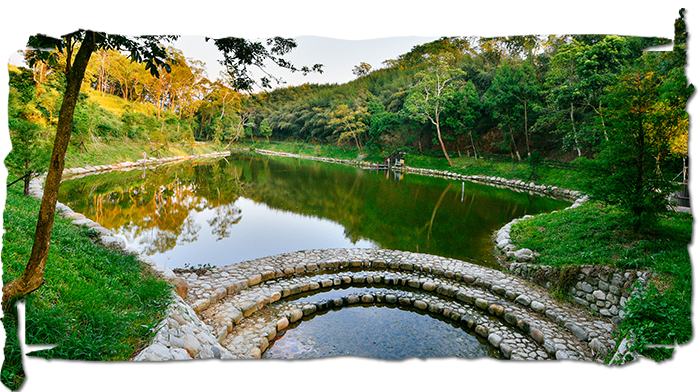 漿砌石出流口與植生護坡融入地景，構築優美的景觀線條